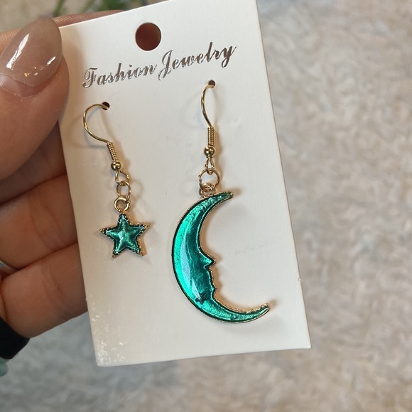 Celestial 💫 Earrings Moon Star Dangly Gold Green Blue Rich Iridescent - Picture 3 of 7